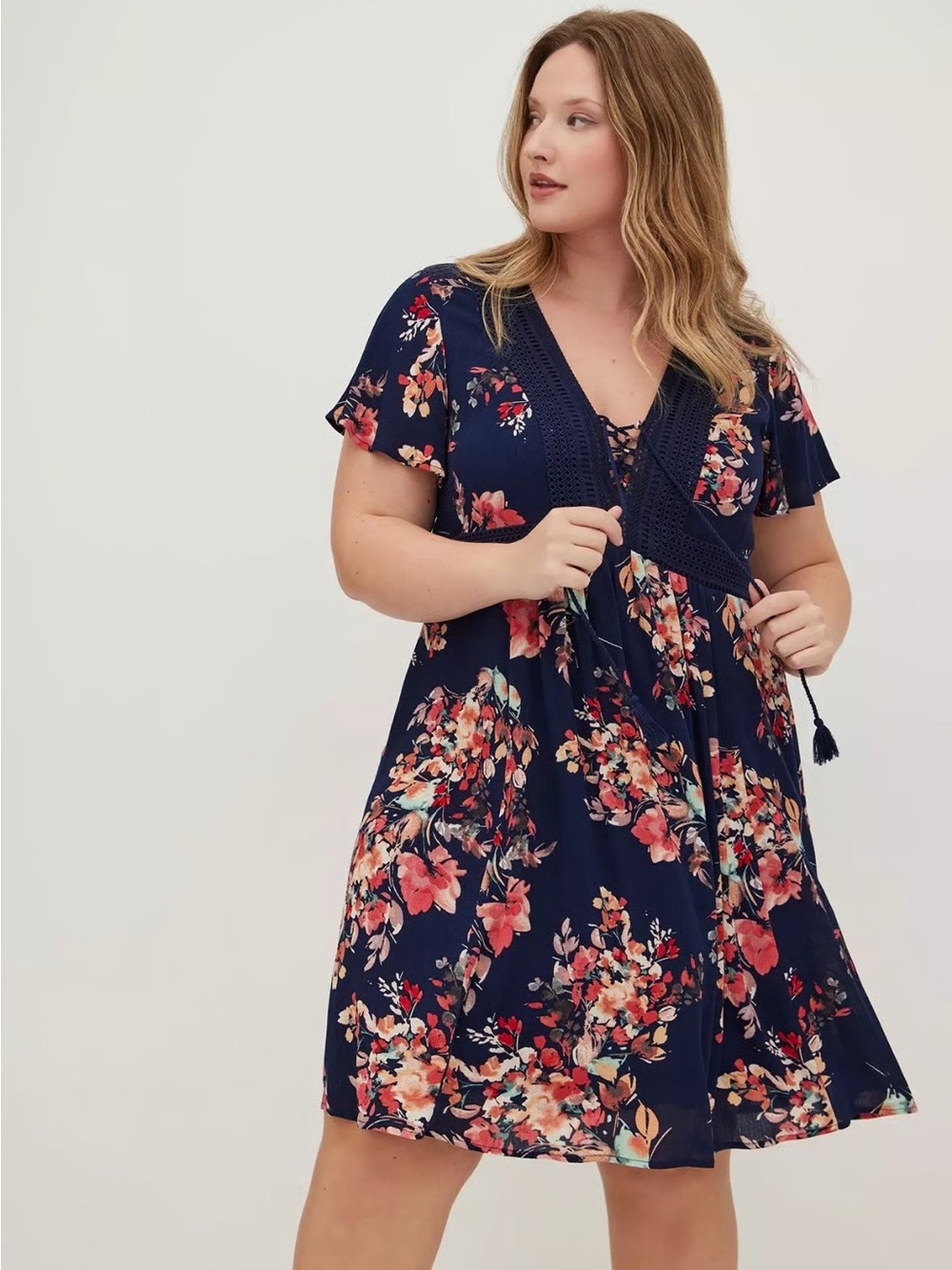 Torrid V Neck Lace Up Skater Mini Dress Gauze Floral Blue 3 3X